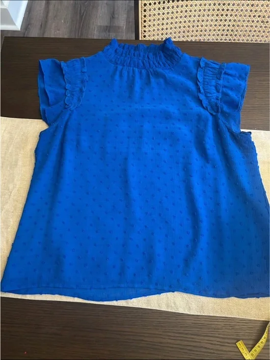CeCe Royal Blue Smocked Ruffle Cap Sleeve Blouse - Picture 2 of 9